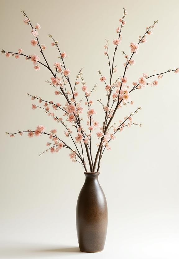 A traditional Nageire style Ikebana arrangement in a tall vase.